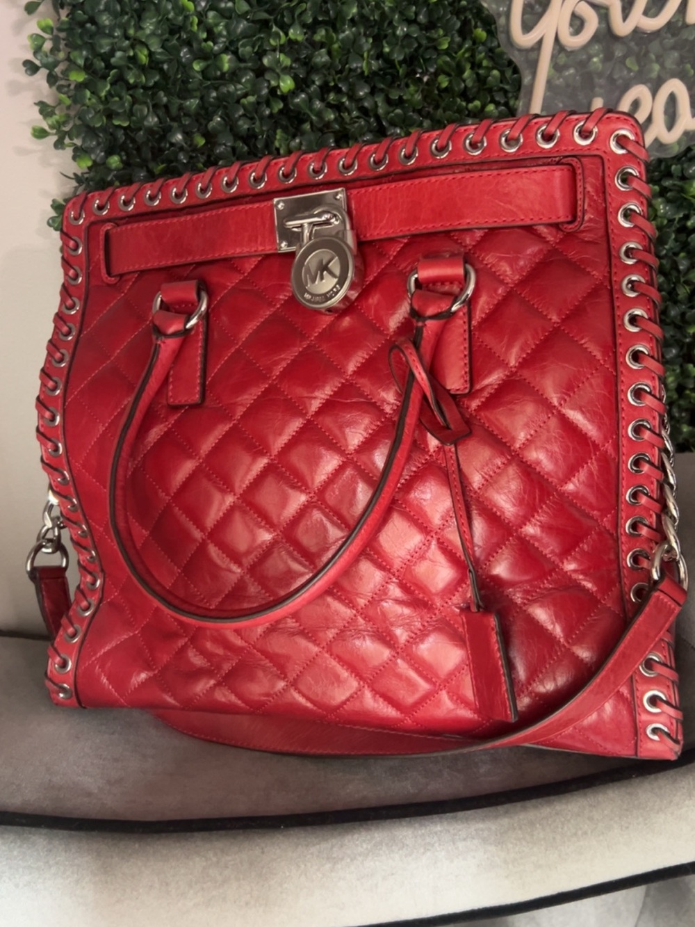 Michael Kors Quilted Red Leather Tote with Chain Eyelet Trim